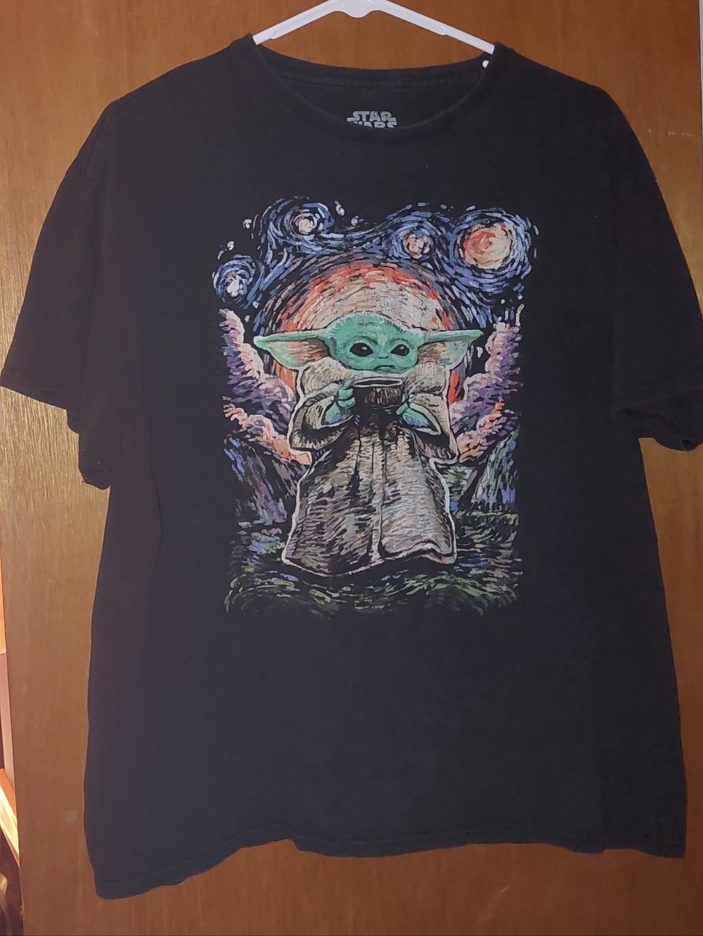 Fifth Sun Black Tee with Baby Grogu and Multicolor Starry Graphic